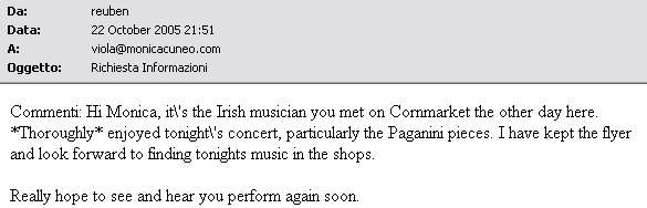 Testimonial email after a performance of Italian music for viola and piano