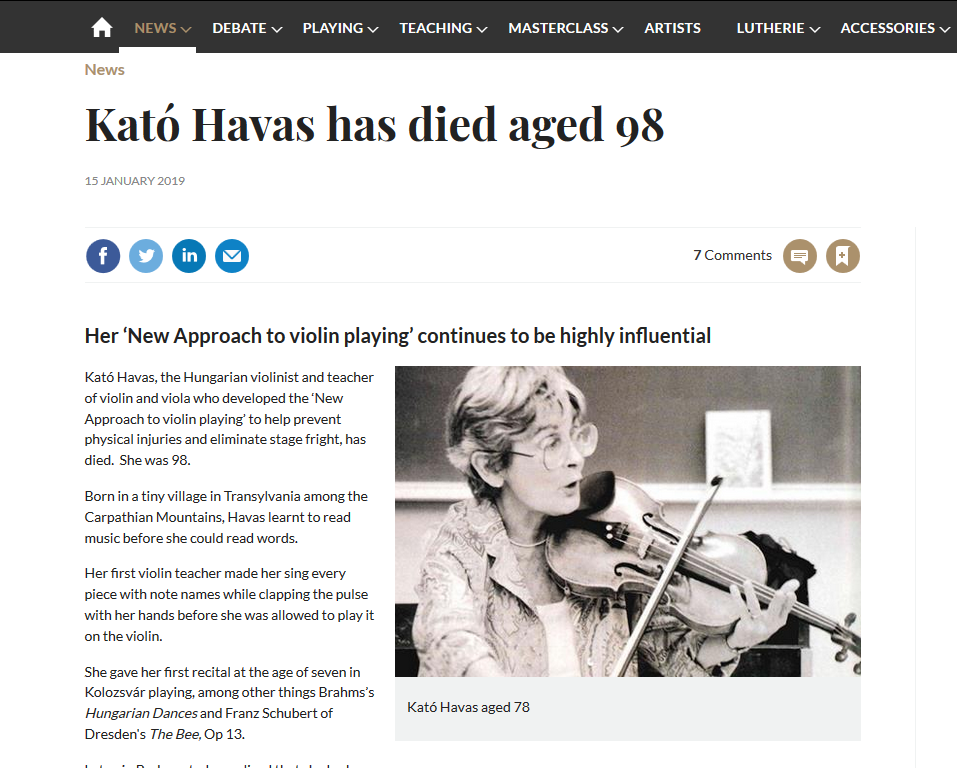 Kato Havas and her New Approach on The Strad website, January 2019