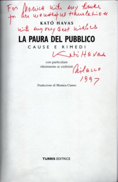 Frontespizio del libro 'La paura del pubblico - Cause e rimedi' di Kato Havas, tradotto dalla violista Monica Cuneo